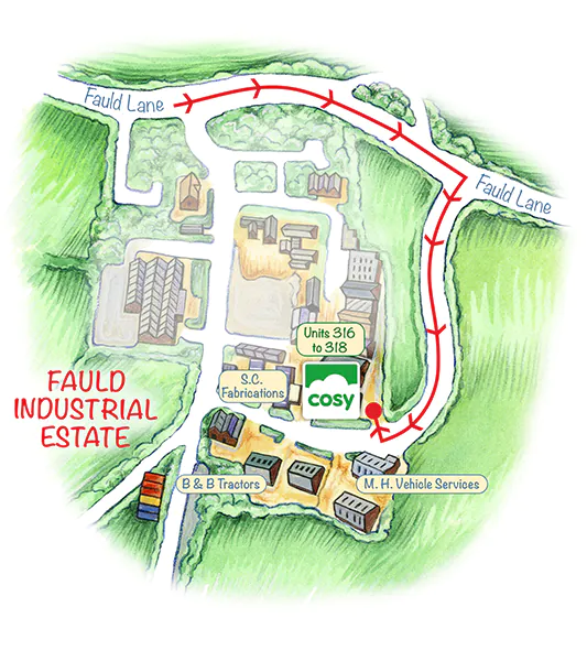Map showing Cosy Direct units within Fauld Industrial Estate